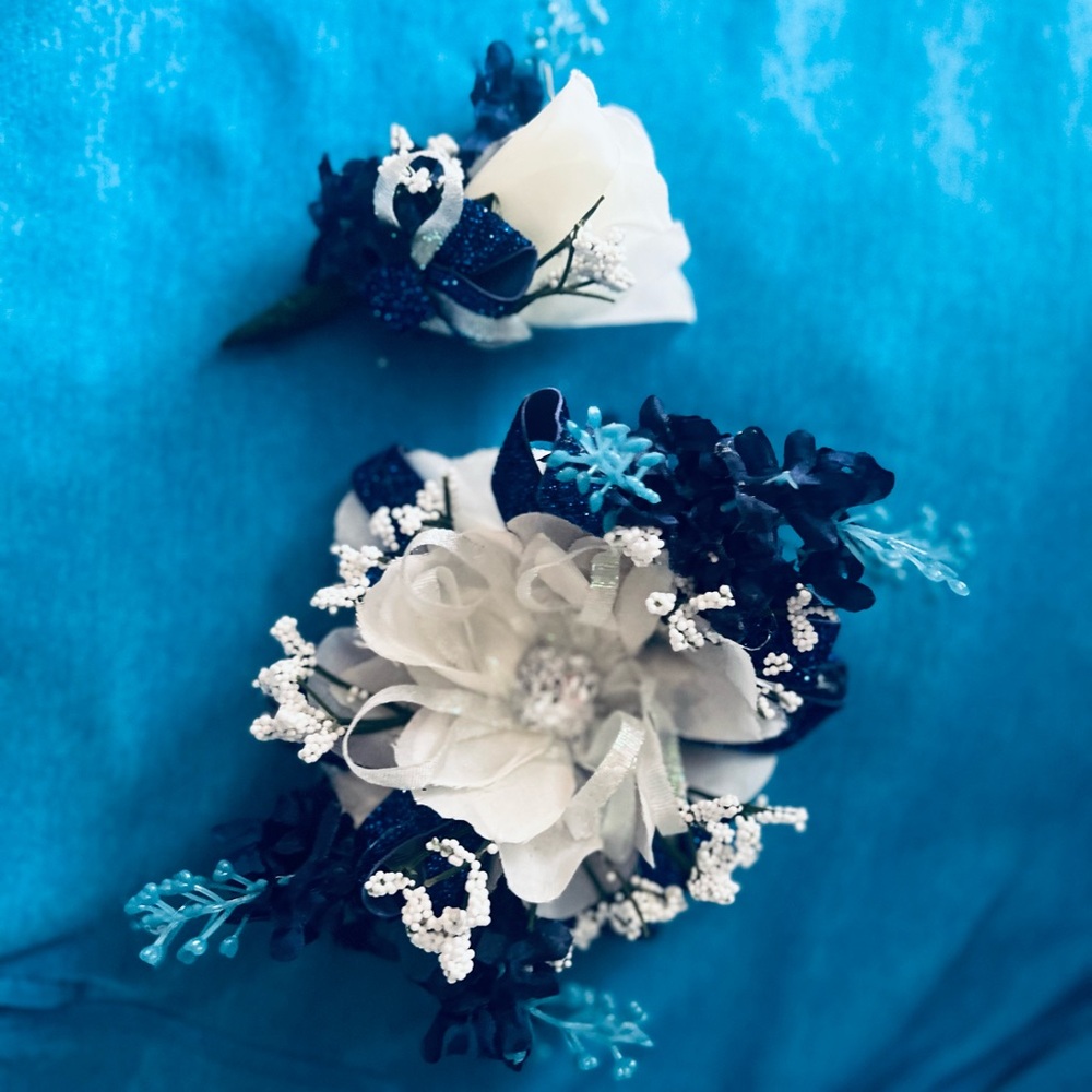 Elegant White and Blue Floral corsage. Hand made by me.